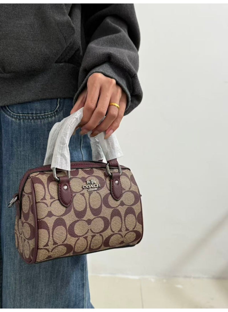 coachoutlet Coach Mini Boston Bag in Signature Canvas with Maroon Leather Trims - Image 4