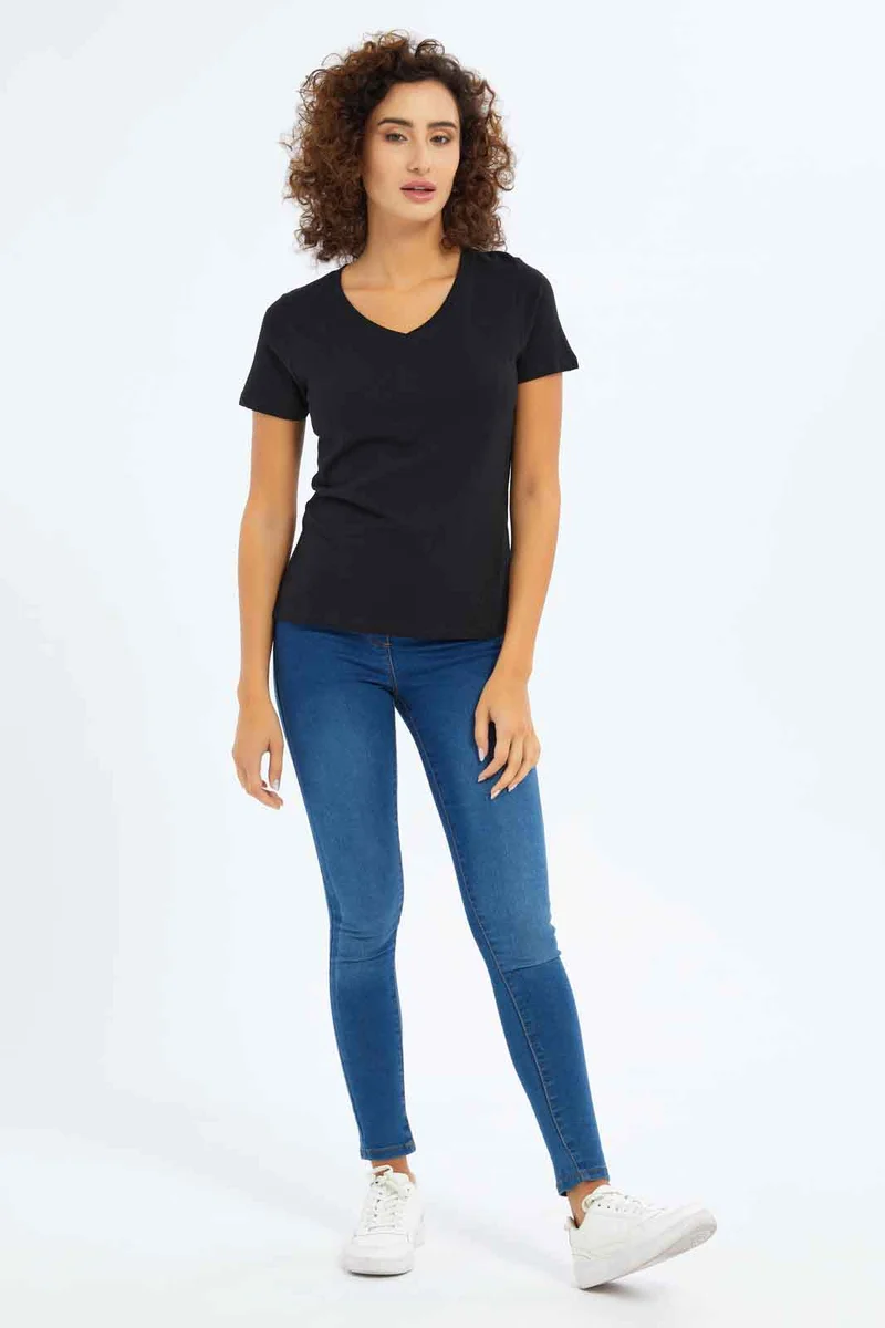 Redtag Black Short Sleeve V-Neck T-Shirt