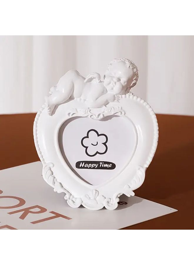 Vintage Angel Resin Frame Rectangle White Heart Shaped Tabletop Decor With Floral Accent - Image 1