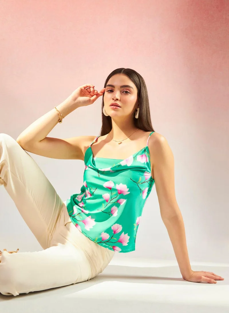 VIRGIO Satin Green Floral Cowl Neck Satin Top