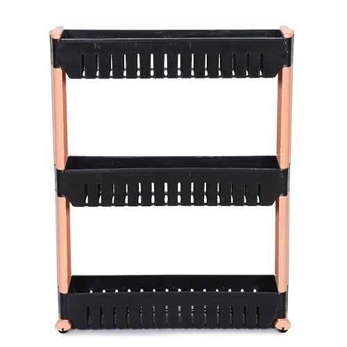 FLIPZON Slim Rolling Storage Rack – 3-Tiered Shelf Plastic Slide-Out Organizer | Space-Saving, Multipurpose | for Kitchen, Bathroom, Laundry, Pantry & Utility Storage | Floor Standing | Black & Brown - Image 3