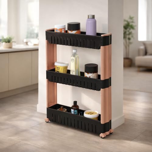 FLIPZON Slim Rolling Storage Rack – 3-Tiered Shelf Plastic Slide-Out Organizer | Space-Saving, Multipurpose | for Kitchen, Bathroom, Laundry, Pantry & Utility Storage | Floor Standing | Black & Brown - Image 1