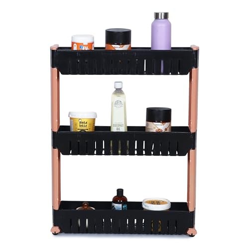 FLIPZON Slim Rolling Storage Rack – 3-Tiered Shelf Plastic Slide-Out Organizer | Space-Saving, Multipurpose | for Kitchen, Bathroom, Laundry, Pantry & Utility Storage | Floor Standing | Black & Brown - Image 2
