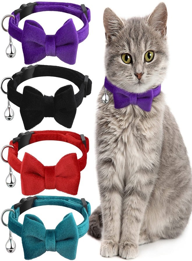 Weewooday 4 Pieces Cat Bow Tie Collar with Bell Breakaway Cat Comfortable Velvet with Cute Safety Pet Collar for Pet Kitten Puppy(Small,Black, Red, Purple, Blue) - Image 1
