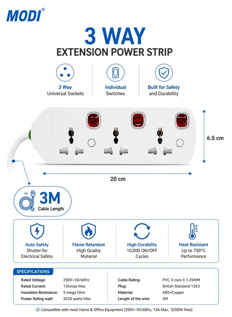 MODI 3-Way 3M Power Extension Cord , 13A 3250W Power Strip with Individual Switches, Universal Sockets, Child Safety Shutter, Fire-Resistant Body, Wall Mount Extension Socket for Home Office - Image 2