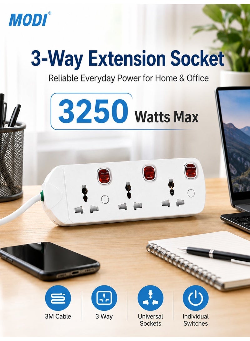 MODI 3-Way 3M Power Extension Cord , 13A 3250W Power Strip with Individual Switches, Universal Sockets, Child Safety Shutter, Fire-Resistant Body, Wall Mount Extension Socket for Home Office - Image 1