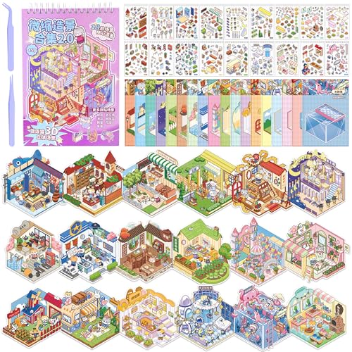 Nuesaurd DIY 3D Sticker Scene Book 18 Pcs Sticker Scenes Miniature Room Scene Stickers Book Funny House Scene Sticker Book for Adults Kids Conduce to Relieve Stress Pass The Time - Image 1