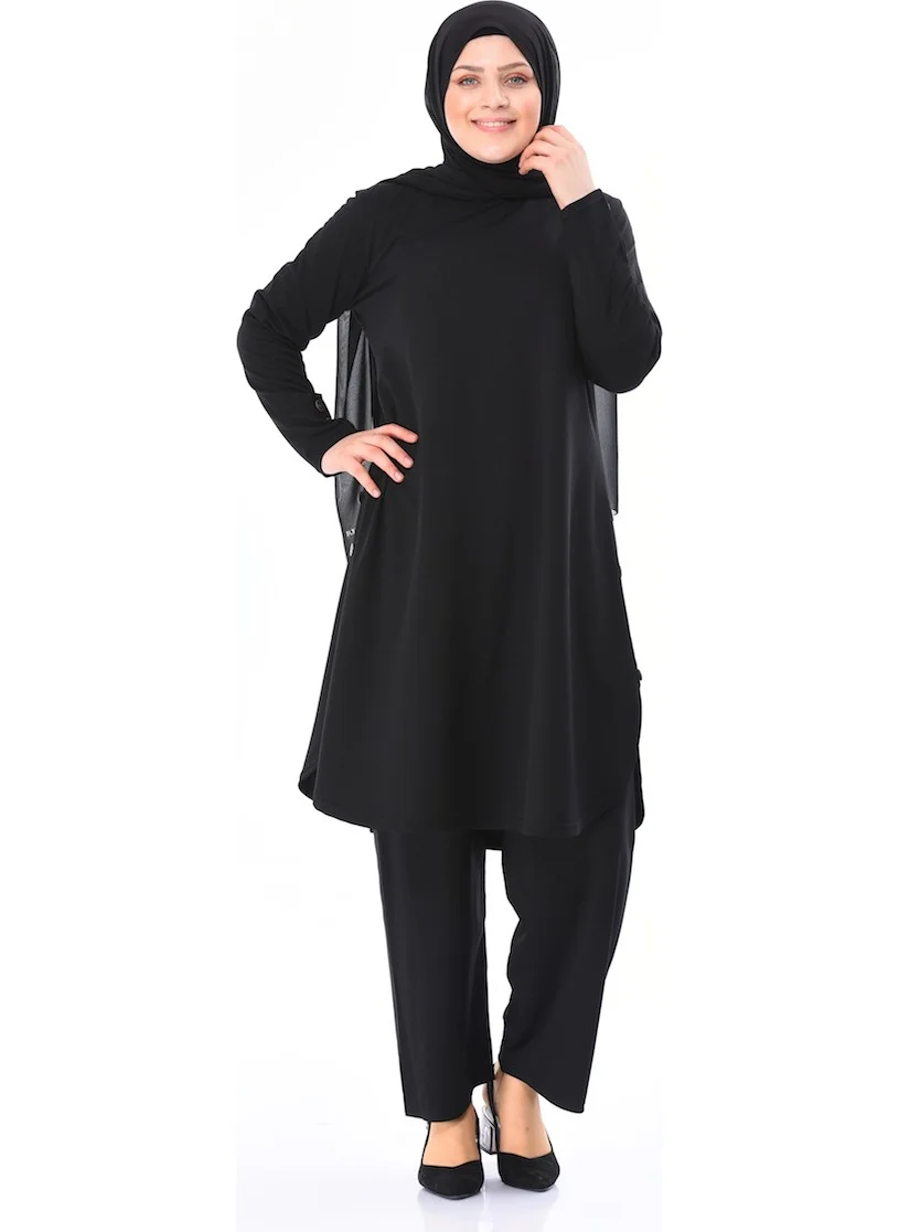 Sefa Merve Plus Size Button Detailed Tunic Trousers Two Piece Suit 2655-02 Black