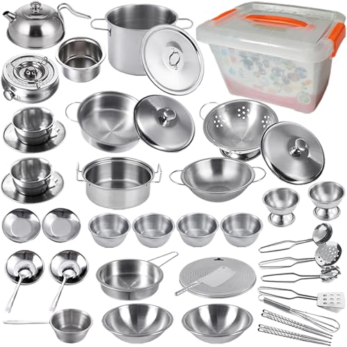 KEJIH Mini Size Kids Kitchen Pretend Play Toys Accessories with Stainless Steel Cookware Pots and Pans SetClassic Kitchen Accessories Cooking Utensils Set Tiny Role Play Cooking Play Toy for Kids Toddlers - Image 1