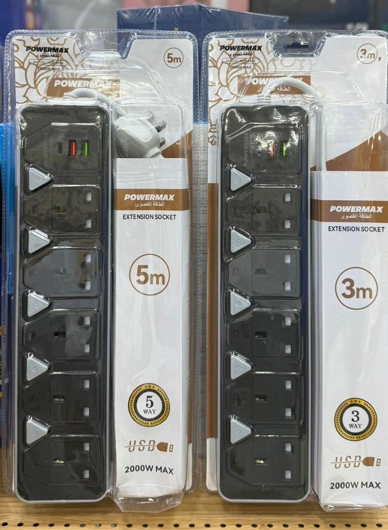 PowerMax Power Strip, Multi-function Power Socket, 5-Port Splitter with 2 USB Ports and 1 USB-C Port with Ultra-Fast PD Technology, Multi-Port Socket Suitable for All Devices, Extra Long 3 Meters - Image 1