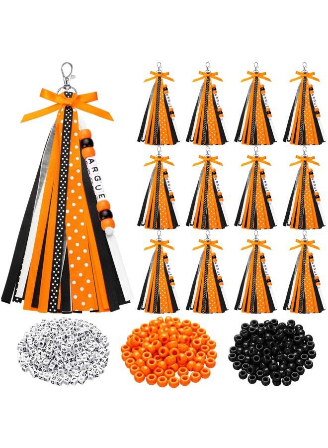 Nosiny 12 Pcs Cheer Keychains Personalized DIY Bead Ribbon Keychain Kit Cheer Backpack Tags Cheerleader Team Gifts for Women, Orange, Black, 11.8 inches/ 30 cm - Image 1