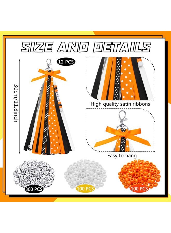 Nosiny 12 Pcs Cheer Keychains Personalized DIY Bead Ribbon Keychain Kit Cheer Backpack Tags Cheerleader Team Gifts for Women, Orange, Black, 11.8 inches/ 30 cm - Image 3