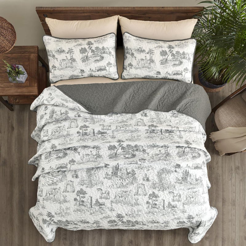 Drucon Grey Farmhouse Quilt Set King Size, Toile Rustic Bedspreads, 3 Pieces Village Landscape Printed Coverlet, Soft Microfiber Quilt Bedding Set for All Season (106x90 Inch) - Image 3
