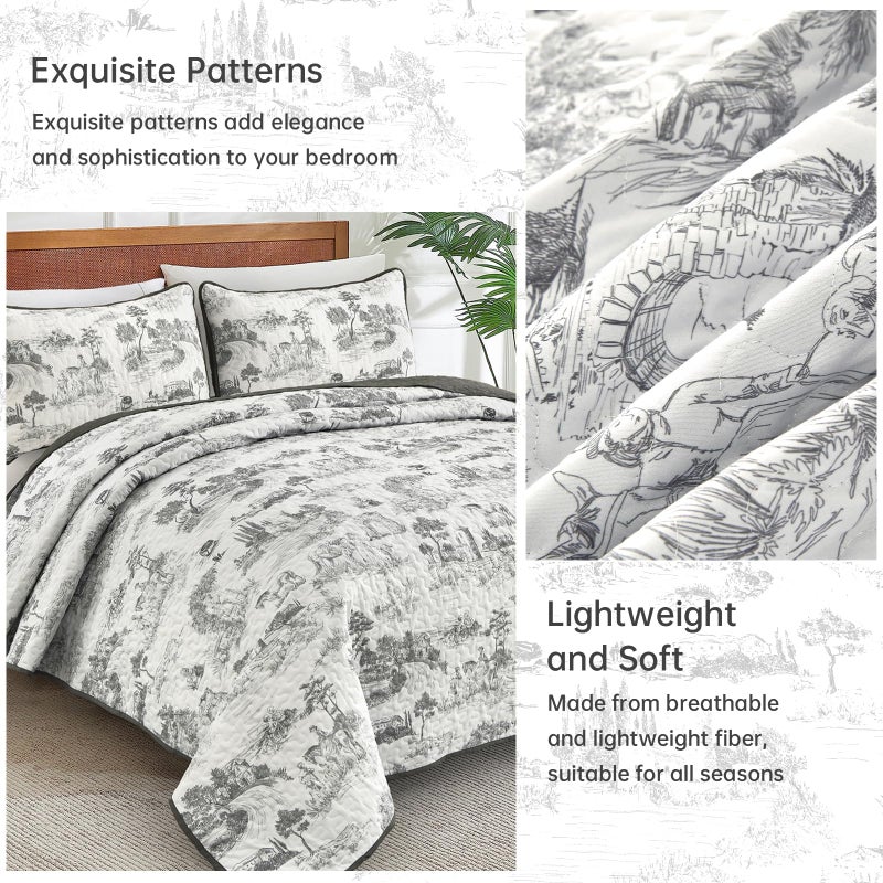 Drucon Grey Farmhouse Quilt Set King Size, Toile Rustic Bedspreads, 3 Pieces Village Landscape Printed Coverlet, Soft Microfiber Quilt Bedding Set for All Season (106x90 Inch) - Image 5