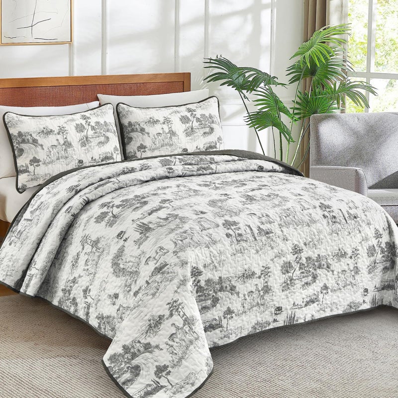 Drucon Grey Farmhouse Quilt Set King Size, Toile Rustic Bedspreads, 3 Pieces Village Landscape Printed Coverlet, Soft Microfiber Quilt Bedding Set for All Season (106x90 Inch) - Image 2