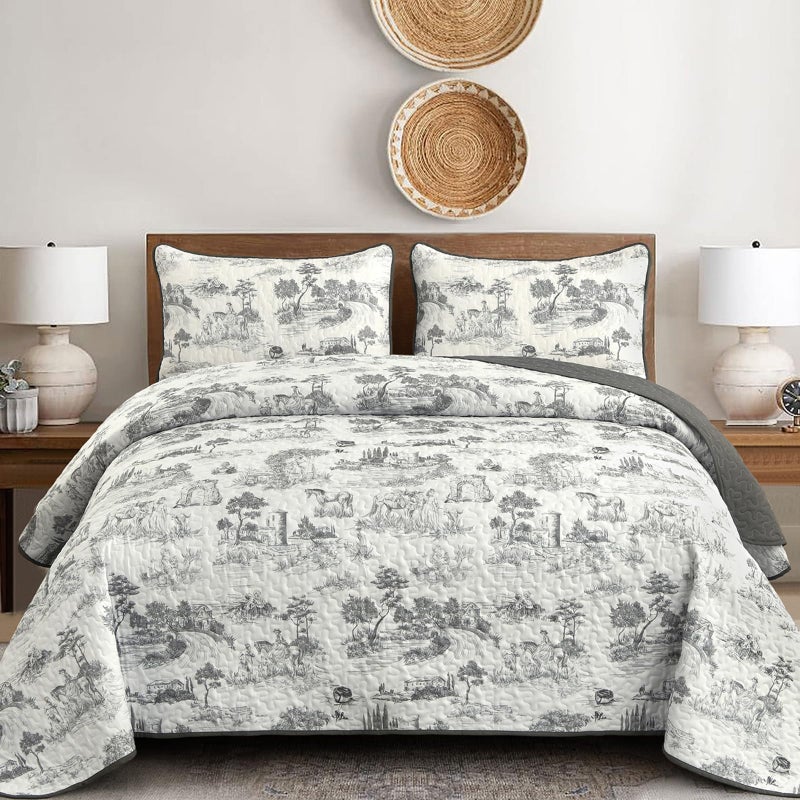 Drucon Grey Farmhouse Quilt Set King Size, Toile Rustic Bedspreads, 3 Pieces Village Landscape Printed Coverlet, Soft Microfiber Quilt Bedding Set for All Season (106x90 Inch) - Image 1