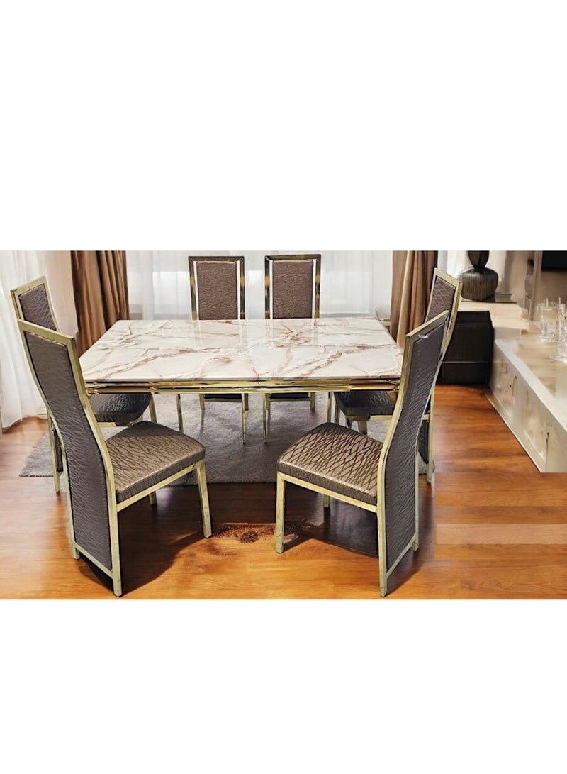 KARNAK Modern Metal Body Frame and Table-Top Marble Dining Table Set (1+6) Brown Pandora White  - Image 1