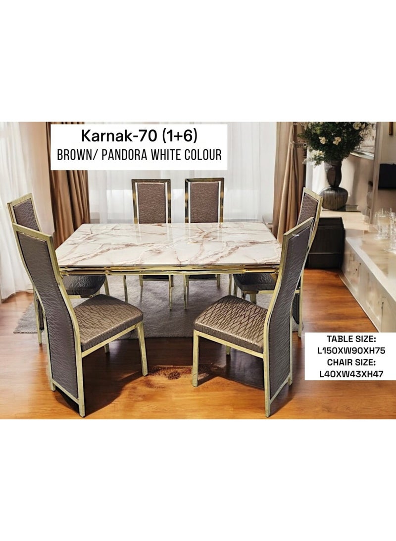 KARNAK Modern Metal Body Frame and Table-Top Marble Dining Table Set (1+6) Brown Pandora White  - Image 2