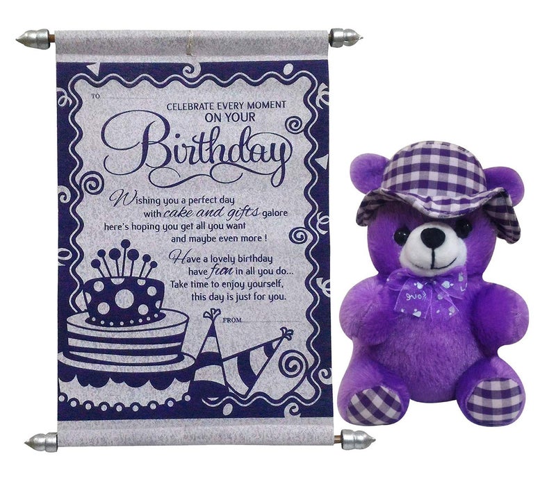 Saugat Traders Saugat Traders Birthday Gift for Wife Girlfriend Fiancee Soft Cap Teddy Birthday Scroll Card Gift for Girls FriendKids 15 x 5 cm Purple Color - Image 1