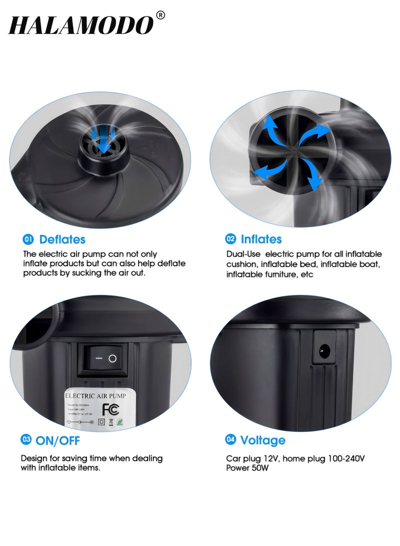 HALAMODO Electric Air Pump for Inflatables Air Quick-Fill Mattress Pump with 3 Nozzles Portable Air Pump Home Car Dual-use Inflation Pump for Car & Blow Up Pool Raft Bed Boat Toy - Image 2