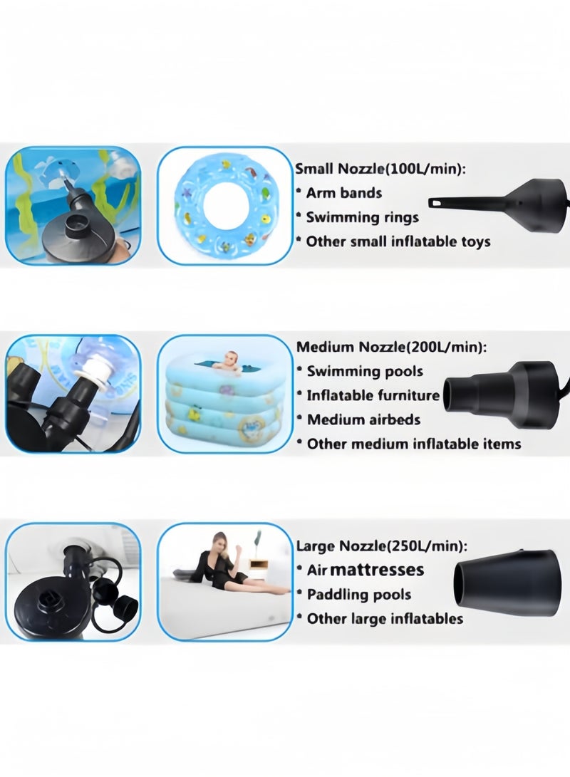 Electric Air Pump for Inflatables Air Quick-Fill Mattress Pump with 3 Nozzles Portable Air Pump Home Car Dual-use Inflation Pump for Car & Blow Up Pool Raft Bed Boat Toy - Image 3