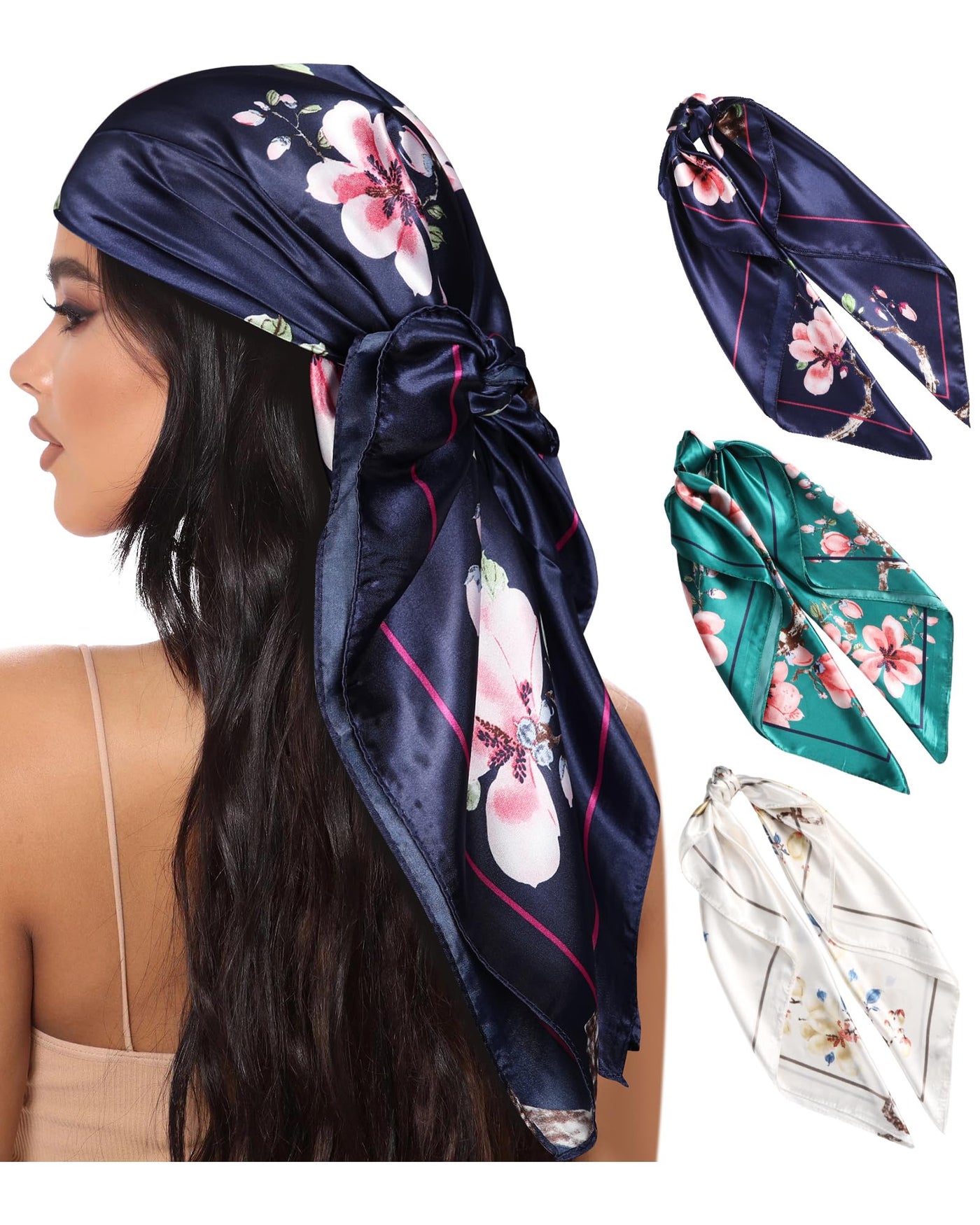 AWAYTR 35” Large Square Satin Head Scarf - 3Pcs Satin Hair Scarves Silk Bandana Scarf Headscarf Silk Feeling Scarf for Women (Peach Blossom(white/Cyan/Navy Blue))