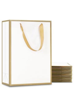 ECVV ECVV® 10Pcs Gift Bags,H22*L16*D8cm Party Favors Cardboard Bags with Ribbon Handle Shopping Takeouts Candy Treat Christmas Birthday Wedding Business Bag-White with Gold Border 