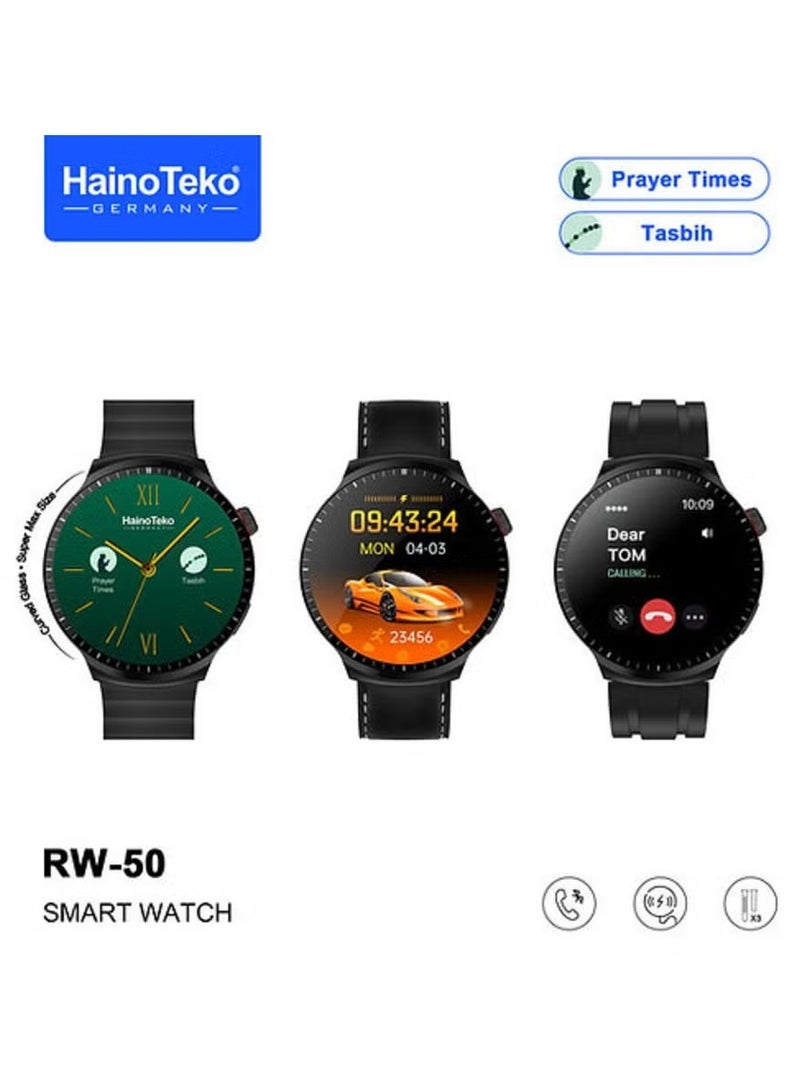 HainoTeko RW50 Super Max Size Round Shape Curved AMOLED Display Smart Watch for Gents & Boys, Silver with 3 Pair Straps, Fitness Tracker, Waterproof, AI Voice Assistance - Image 1