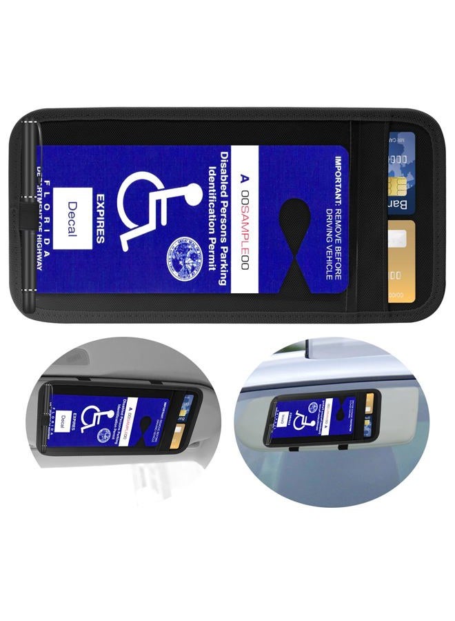 CHIMUYU Handicap Placard Holder for Car, Disabled Parking Permit Sign Protector for Car Visor Auto Card Clip with Pen Holder, Note Paper Card Slot, Elastic Strap (1, Black) - Image 1