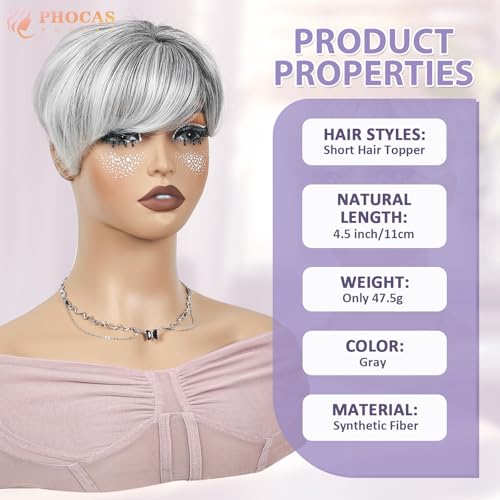 PHOCAS Short Hair Toppers for Women with Thinning Hair Magic Pixie Cut Toppers Hairpiece Natural Synthetic Grey Hair Toppers for Daily Use - Image 2