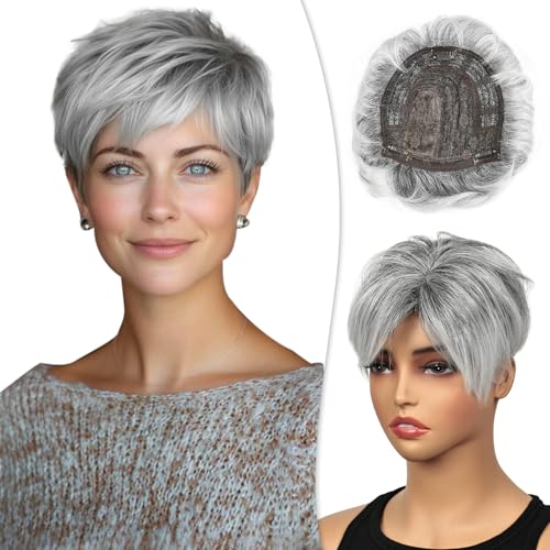 PHOCAS Short Hair Toppers for Women with Thinning Hair Magic Pixie Cut Toppers Hairpiece Natural Synthetic Grey Hair Toppers for Daily Use - Image 1