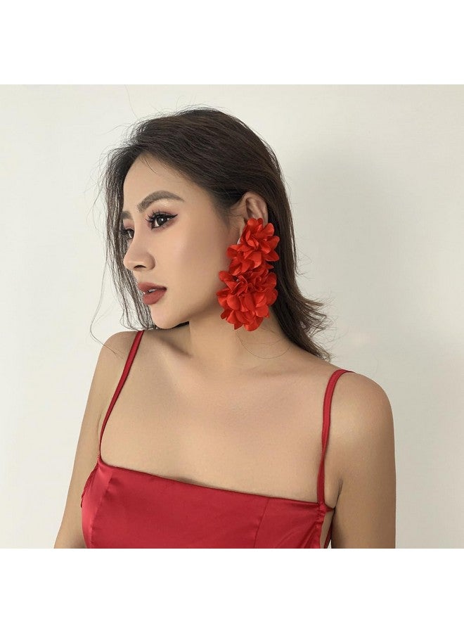 بيريوان أقراط متدلية على شكل زهرة كبيرة من القماش على شكل بوهيمي أقراط متدلية على شكل زهرة كبيرة من القماش للنساء إكسسوارات مجوهرات حفلات الزفاف (أحمر) - Image 3