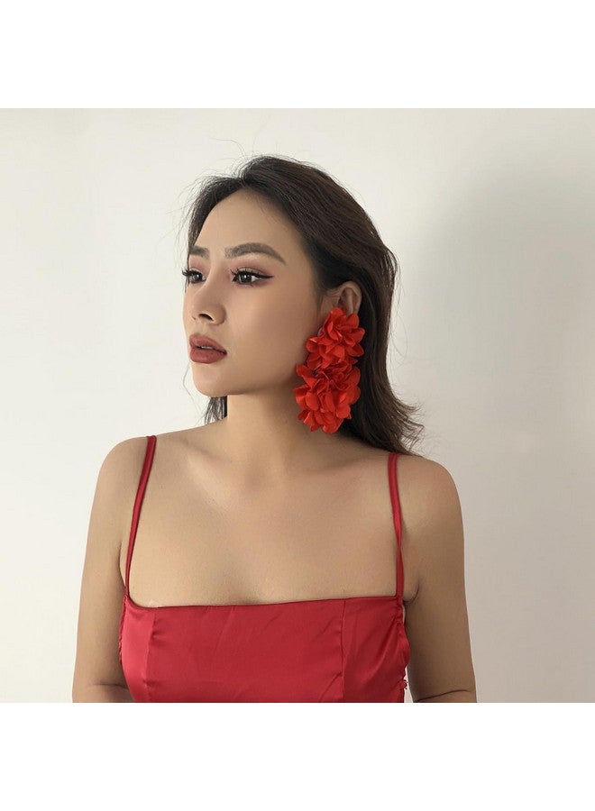 بيريوان أقراط متدلية على شكل زهرة كبيرة من القماش على شكل بوهيمي أقراط متدلية على شكل زهرة كبيرة من القماش للنساء إكسسوارات مجوهرات حفلات الزفاف (أحمر) - Image 2