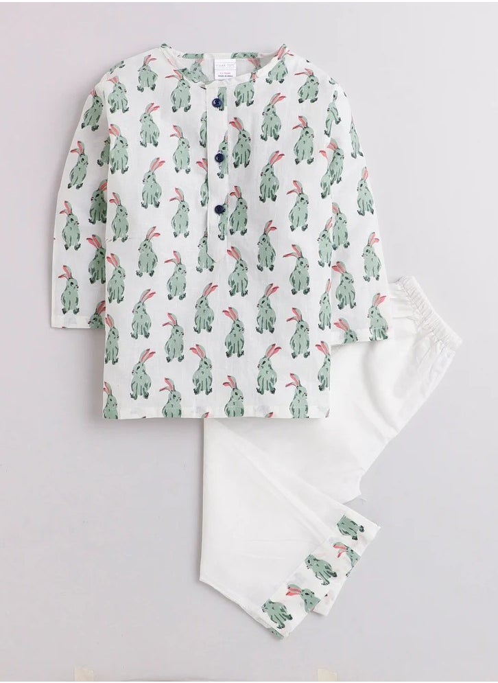 Polka Tots Polka Tots Full Sleeves Night Wear Rabbit Kurta Pyjama - White  - Image 1