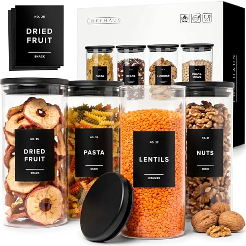 EDELHAUS Glass Storage Containers with Black Lids [4x40oz] Extra Thick Glas with 54 Labels - Canister For Pantry Noodles Flour Cereal Rice Sugar Tea Coffee Beans - Round Set - Image 1