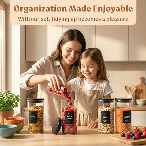 EDELHAUS Glass Storage Containers with Black Lids [4x40oz] Extra Thick Glas with 54 Labels - Canister For Pantry Noodles Flour Cereal Rice Sugar Tea Coffee Beans - Round Set - Image 3