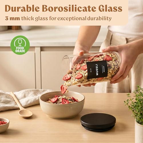 EDELHAUS Glass Storage Containers with Black Lids [4x40oz] Extra Thick Glas with 54 Labels - Canister For Pantry Noodles Flour Cereal Rice Sugar Tea Coffee Beans - Round Set - Image 4