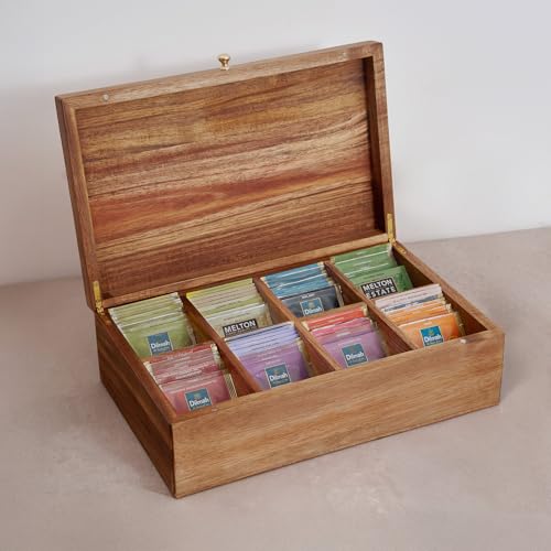 SARUFO Acacia Wood Tea Bag Organizers, Tea Packet Storage Boxes, 8-Compartment Tea Caddy for Tea Bags Chest, Teabag Holder Containers, Teabox Station Display - Image 1