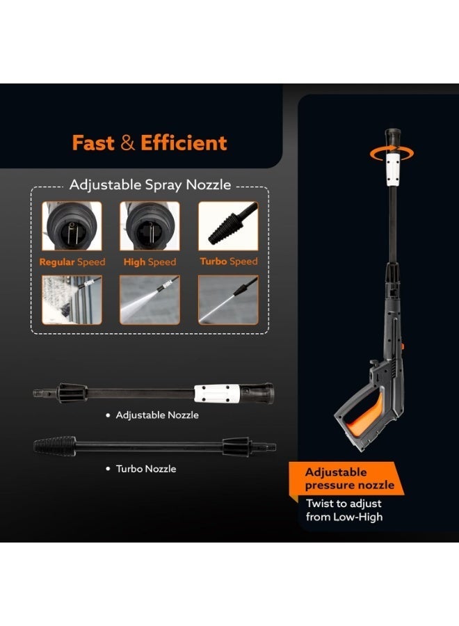 AGARO Royal High Pressure washer, 1800 Watts Motor, 140 Bars, 7L/Min Flow Rate, 5 Meters Outlet Hose, Upright Design With Wheel, For Car, Bike and Home Cleaning Purpose, Turbo Nozzle, Black and Orange - Image 1