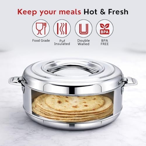 AVIAS Astra Double Wall Insulated Stainless Steel Casserole, 2500ml Hot Box for Kitchen, Hot Case with Steel Lid, Silver Hot Pot for Roti-Rice-Gravy, Chapathi Box, Twisted Lock, 2.5L - Image 4