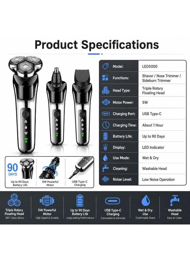 جروفميد ماكينة حلاقة GroveMade، ماكينة حلاقة LED5000 الكهربائية - ماكينة حلاقة ثلاثية الشفرات عائمة 3 في 1 لشعر الوجه. رأس شفرة مقاوم للماء، سهل التنظيف تحت الماء الجاري. بطارية قابلة للشحن مع ما يصل إلى 60 دقيقة من وقت التشغيل بعد شحن لمدة ساعة واحدة. - Image 5
