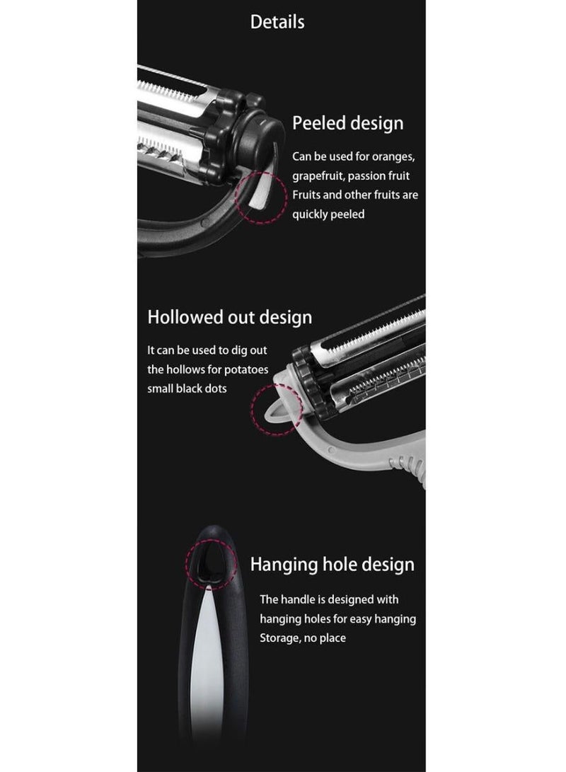 بيتنا ١ قطعة مقشرة خضار ٣ في ١ استانلس ستيل شفرة مزدوجة الجانبين تقطيع جوليان، مقشرة بطاطس وفواكه وجزر وتفاح وكوسا متعددة الوظائف، أداة مطبخ شفرتين مقبض مريح سهل الإمساك مقشرة حادة دوارة (أسود) - Image 4