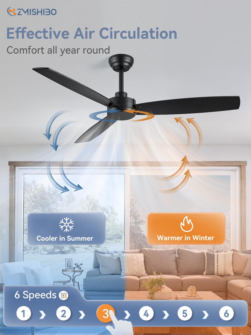 ZMISHIBO 2 Pack 52 Inch Outdoor Ceiling Fans with Remote, Black Ceiling Fan No light with Quiet Reversible DC Motor, 6 Speeds, 3 Blade Modern Ceiling Fans for Patio Living Room Bedroom Indoor - Image 4