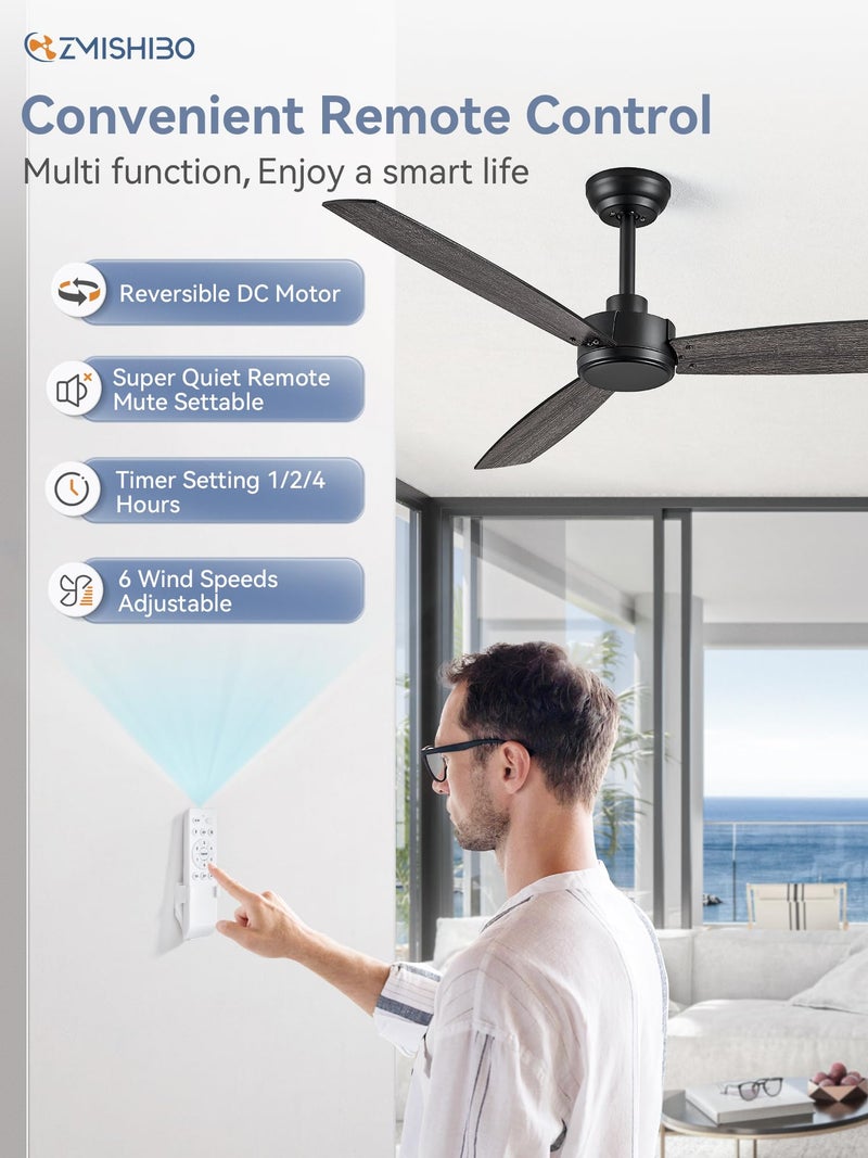 ZMISHIBO 2 Pack 52 Inch Outdoor Ceiling Fans with Remote, Black Ceiling Fan No light with Quiet Reversible DC Motor, 6 Speeds, 3 Blade Modern Ceiling Fans for Patio Living Room Bedroom Indoor - Image 3