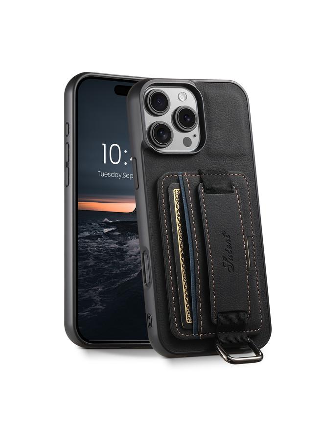 Suteni Case For iPhone 16 Pro Max H13 Litchi Leather Wrist Strap Wallet Back Phone Case - Image 1