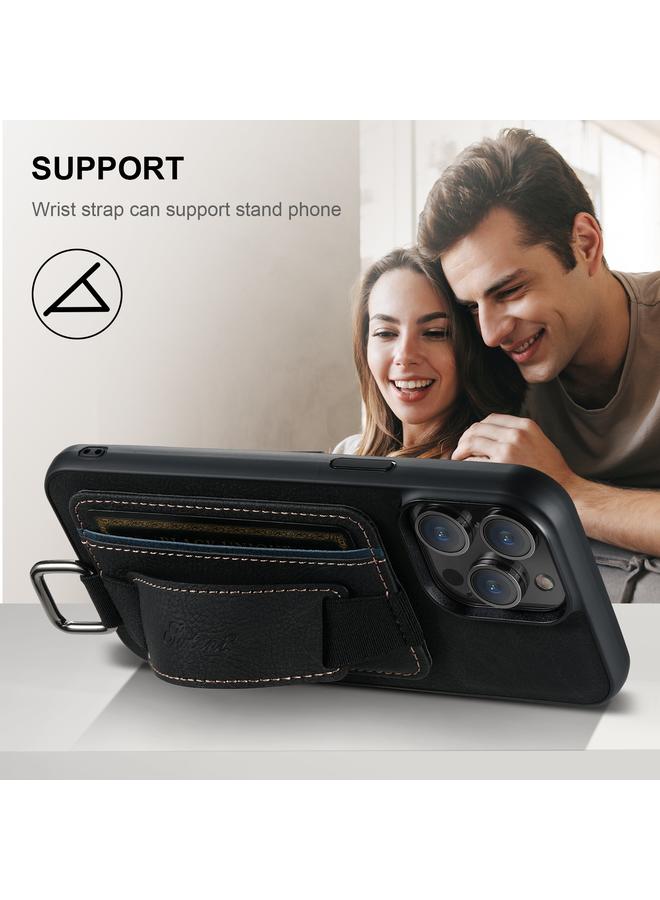 Suteni Case For iPhone 16 Pro Max H13 Litchi Leather Wrist Strap Wallet Back Phone Case - Image 5