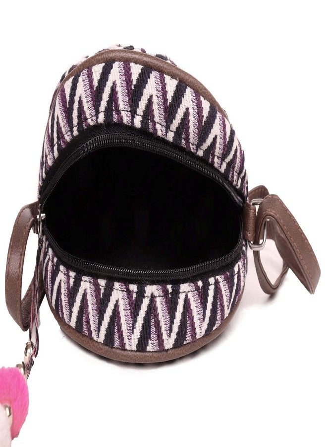 ASTRID Women's Cotton Round Sling Bag with Pompom Tassels (Purple) - Image 2