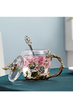 Household Enamels Butterfly Flower Tea Cup/Coffee Mug with Spoon Set, Enamel Water Cup , Heat-resistant Glass Cup , Gifts for Women Wife Mum Teacher Friends Gifts