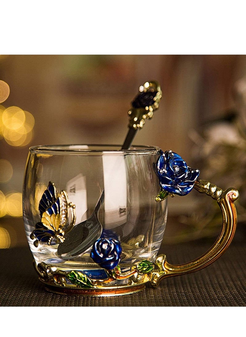 Furtey - Household Enamels Butterfly Flower Tea Cup/Coffee Mug with Spoon Set, Enamel Water Cup , Heat-resistant Glass Cup , Gifts for Women Wife Mum Teacher Friends Gifts - Image 1