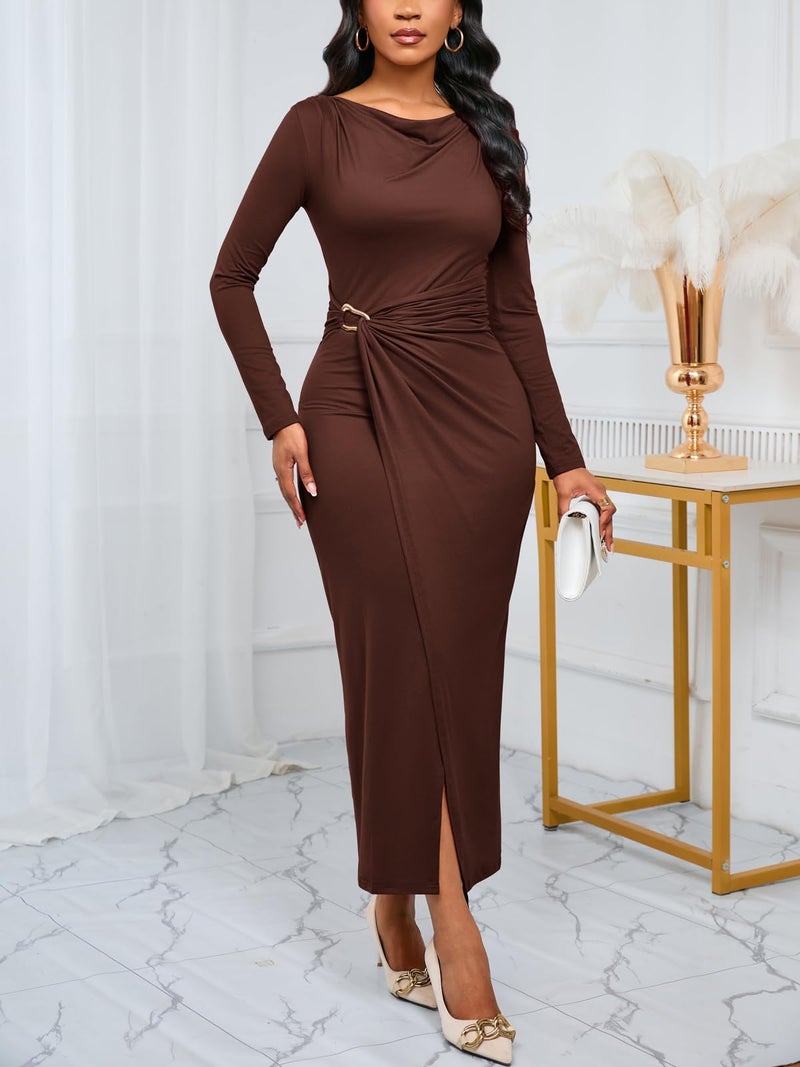 Ekaliy Womens Casual Long Sleeve Fitted Dress Cowl Neck Ruched Waist Bodycon Long Dress Brown 2XL - Image 2